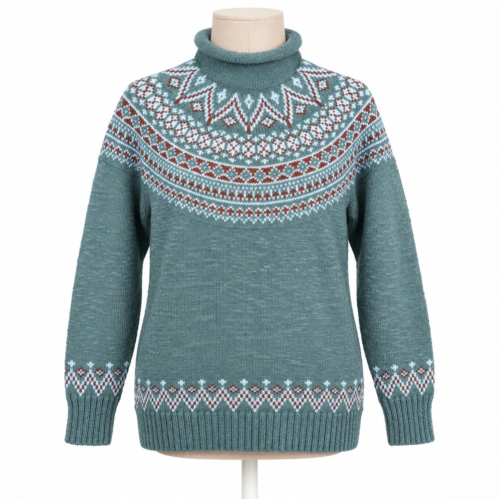 Vintage 90s LL Bean Fair Isle Roll Neck Sweater Size M Blue Fisherman Nordic Ski